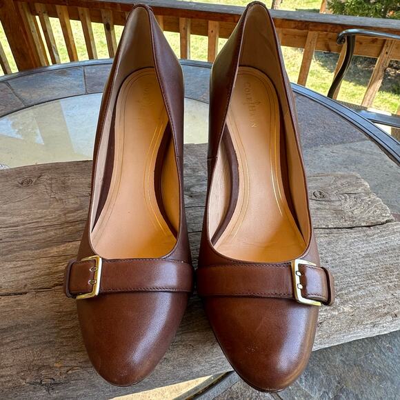 Cole Haan Nike Air Brown Leather Stiletto Heels 10B Gold Buckle Classy Coquette - Picture 3 of 10
